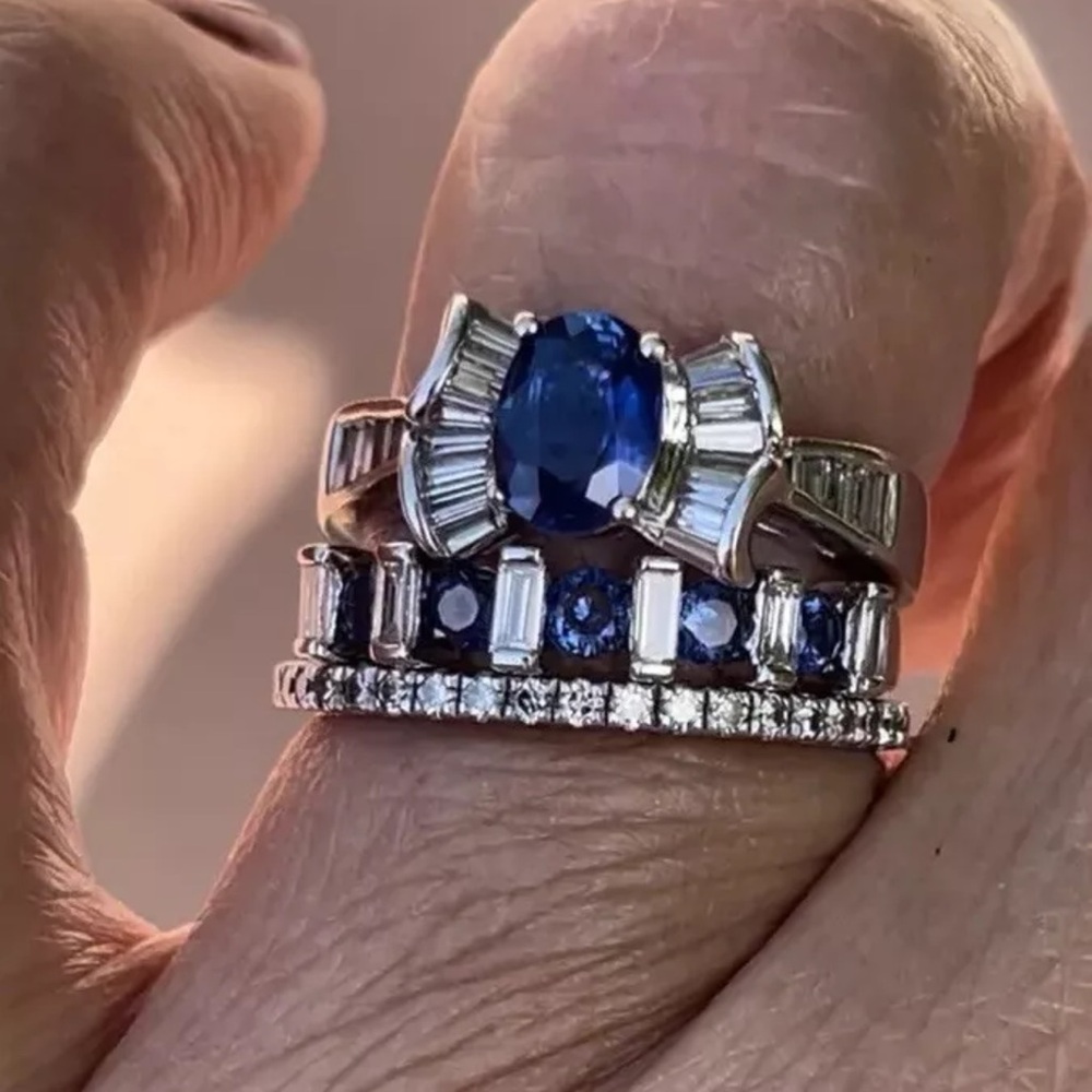 18K 750 Natural Sapphire 💙 & Emerald Cut Diamond 💎 Ring Set Appraisals $4720